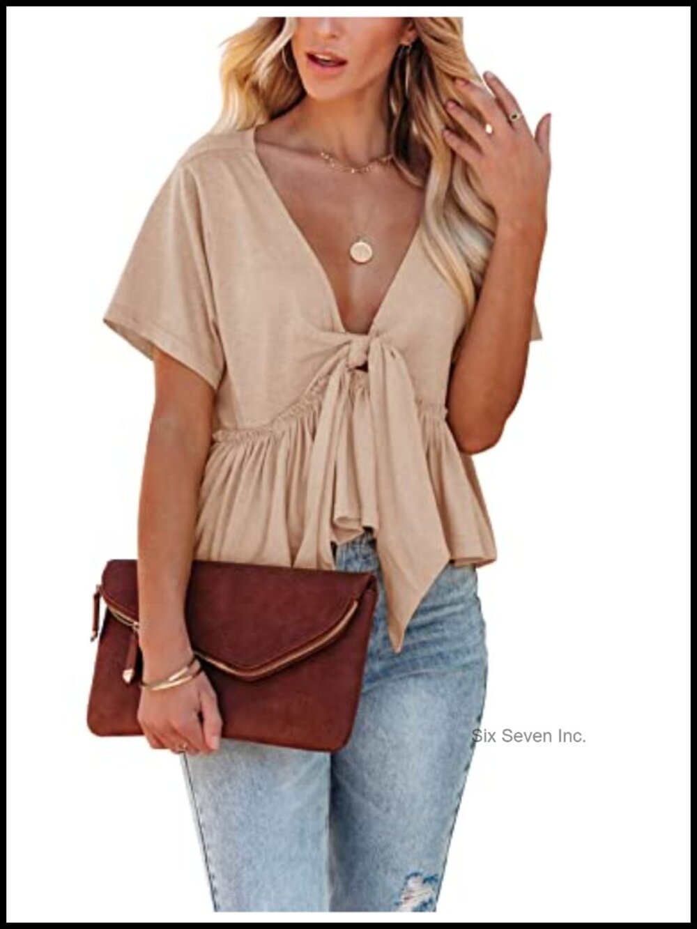 V Neck Ruffle Hem Tie Front Crop Top Short Sleeve Blouse